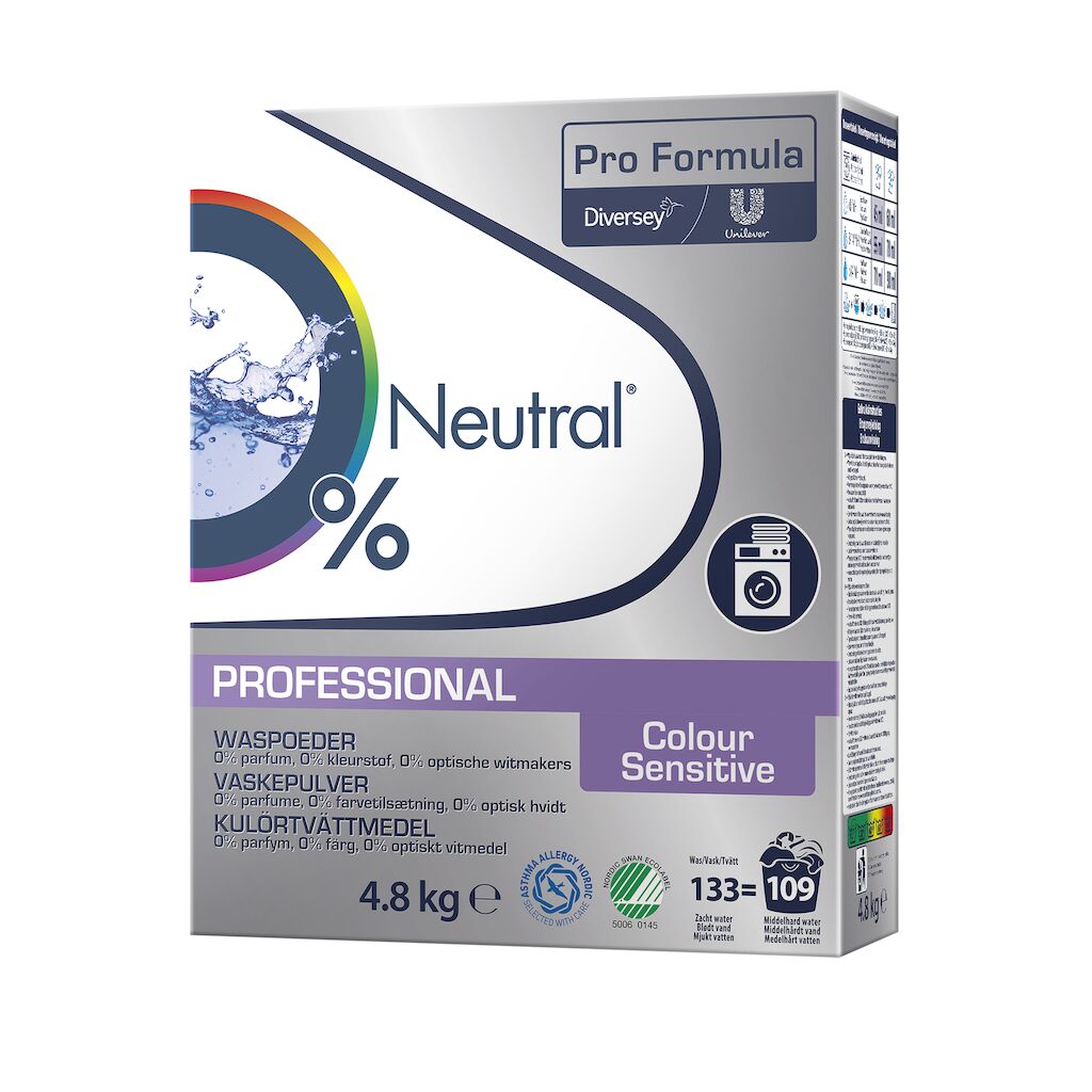 Neutral Pro Formula Colour Sensitive 3x4.8kg - Professionellt pulvertvättmedel för kulörtvätt utan parfym för känslig hud