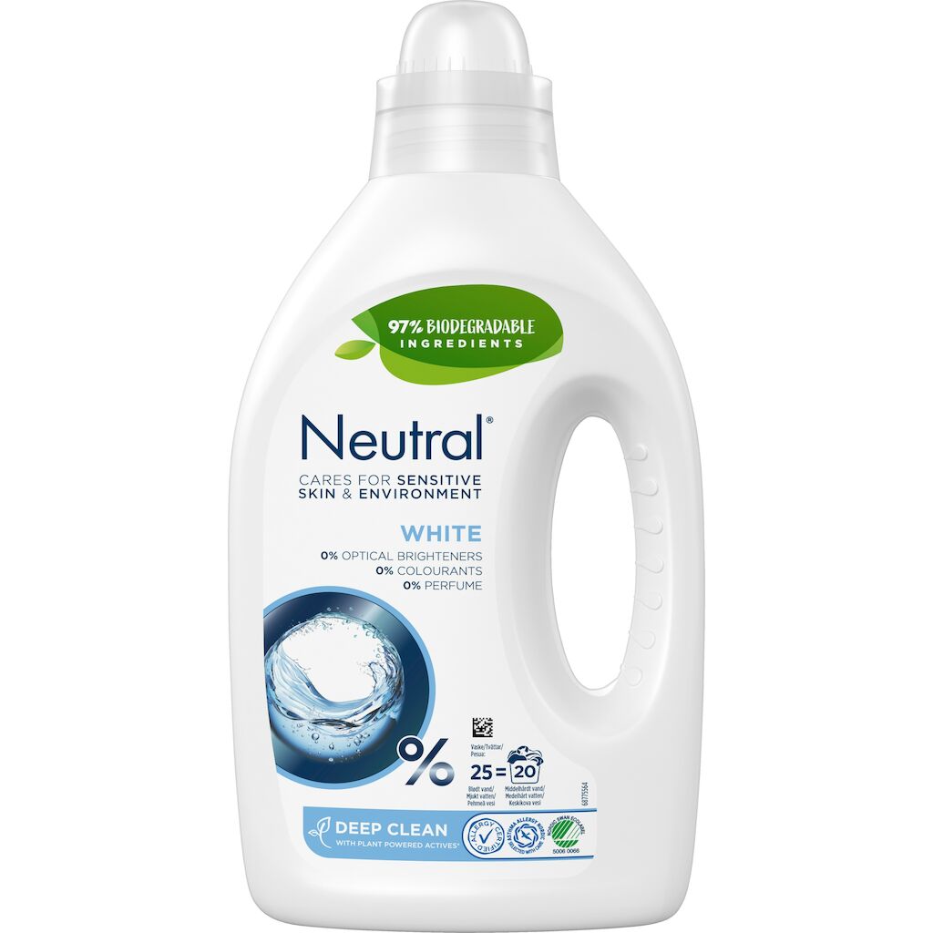 Neutral Flytande White 6x1L - Alla Neutrals tvättmedel är utvecklade tillsammans med Astma-och Allergiförbundet. Miljömärkt med Svanen.